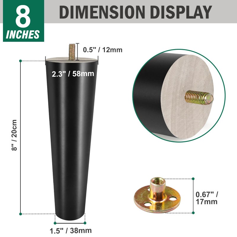 FoDau770 Black Rubber Wood Furniture Legs - 8 Inch Straight Tapered Mid Century Sofa Legs Set of 4, 5/16"" UNC Replacement Feet for Cabinet, Sofa, Couch, Dresser, Chair, Ottoman - Image 3